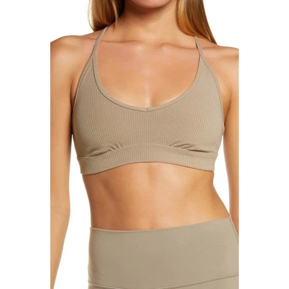 ALO Yoga Beige Ribbed Blissful Athletic Sporty Workout Sports Bra Size S